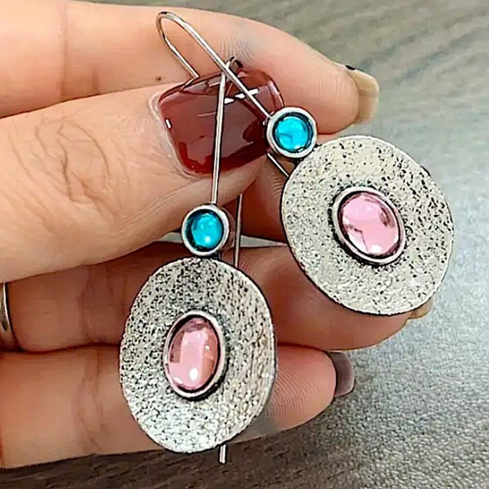 Tribal Pink, Blue Stone Dangle Earrings Vintage Bohemian Boho